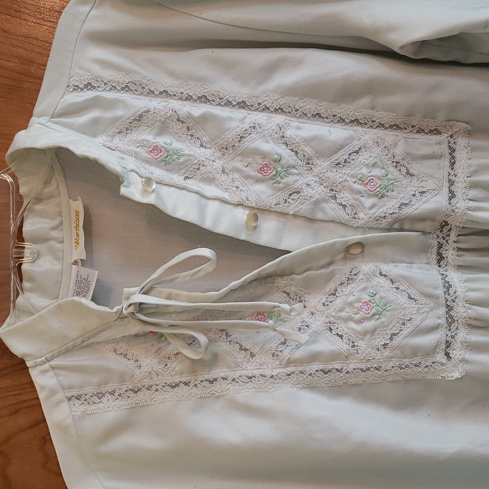 Vintage Barbizon Blue Satin Long Nightgown with Lace and Embroidery Size S